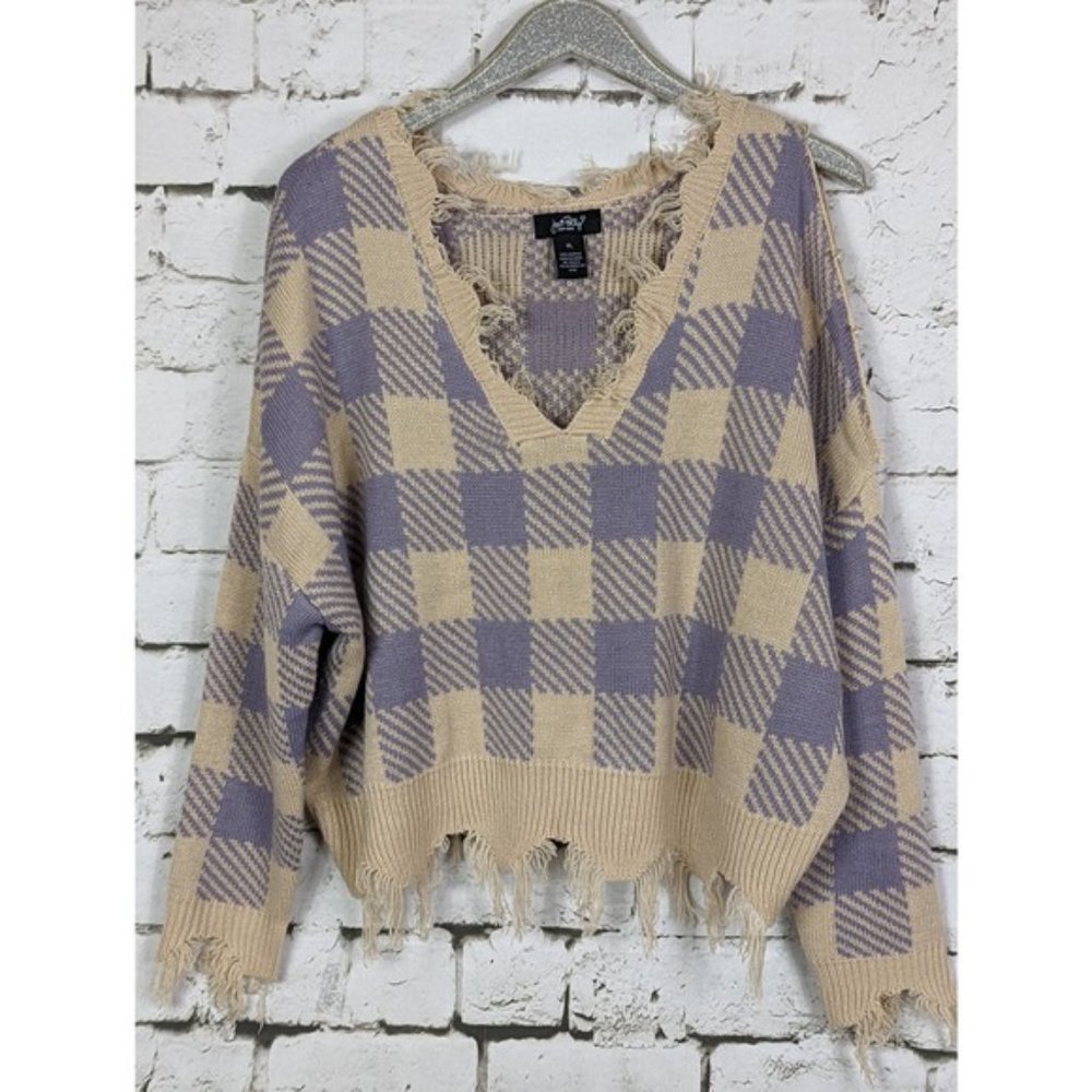 JUST POLLY Deconstructed Upcycled Plaid Sweater, XL